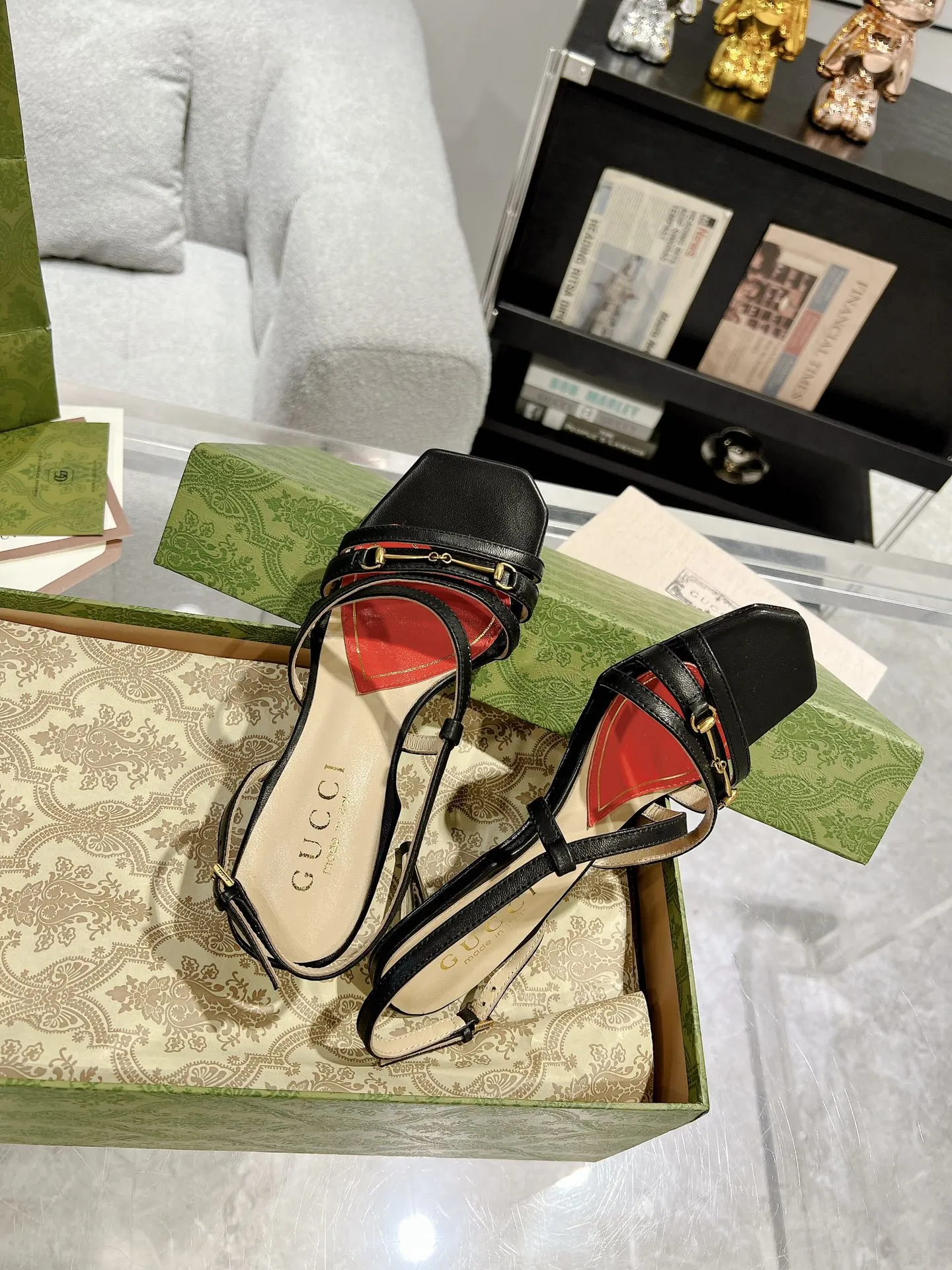 Dependable GG STRAPPY CLASSIC Giant discount SANDAL CALFSKIN HEEL Gucci BLACK 