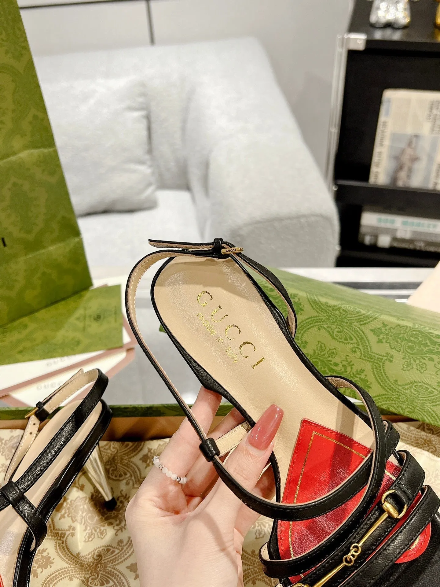 Dependable GG STRAPPY CLASSIC Giant discount SANDAL CALFSKIN HEEL Gucci BLACK 