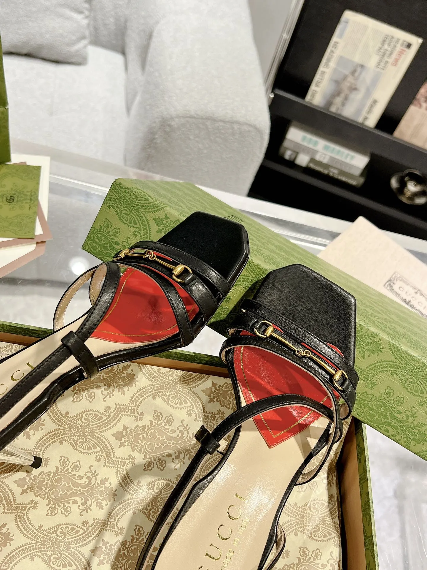 Dependable GG STRAPPY CLASSIC Giant discount SANDAL CALFSKIN HEEL Gucci BLACK 