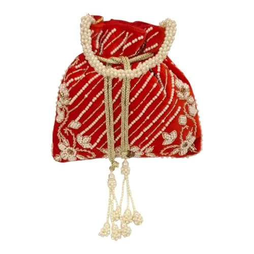 DMS RETAIL Handcrafted with Pearl Handle and Tassels | Embroidered Bridal Clutch for Weddings, Parties, and Gifting | Elegant Drawstring Potli for Women (RED)