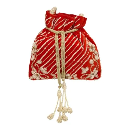 DMS RETAIL Handcrafted with Pearl Handle and Tassels | Embroidered Bridal Clutch for Weddings, Parties, and Gifting | Elegant Drawstring Potli for Women (RED)