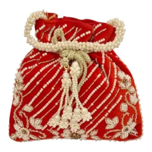 DMS RETAIL Handcrafted with Pearl Handle and Tassels | Embroidered Bridal Clutch for Weddings, Parties, and Gifting | Elegant Drawstring Potli for Women (RED)
