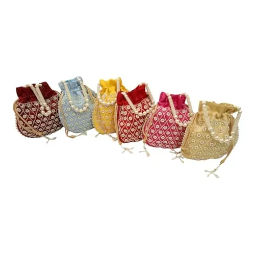 DMS RETAIL Handmade Embroidery Potli | Embellished Satin Wristlet Bag for Women & Girls | Batwa Wallet | Clutch Bags for Return Gifts | Drawstring Closure Potli|Pearl Potli (Pack Of 5)