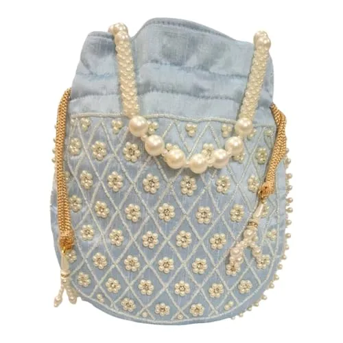 DMS RETAIL Handmade Embroidery Potli | Embellished Satin Wristlet Bag for Women & Girls | Batwa Wallet | Clutch Bags for Return Gifts | Drawstring Closure Potli|Pearl Potli (Pack Of 5)