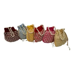DMS RETAIL Handmade Embroidery Potli | Embellished Satin Wristlet Bag for Women & Girls | Batwa Wallet | Clutch Bags for Return Gifts | Drawstring Closure Potli|Pearl Potli (Pack Of 5)