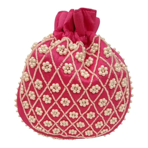 DMS RETAIL Handmade Embroidery Potli | Embellished Satin Wristlet Bag for Women & Girls | Batwa Wallet | Clutch Bags for Return Gifts | Drawstring Closure Potli|Pearl Potli (Pack Of 5)