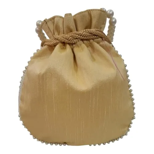 DMS RETAIL Handmade Embroidery Potli | Embellished Satin Wristlet Bag for Women & Girls | Batwa Wallet | Clutch Bags for Return Gifts | Drawstring Closure Potli|Pearl Potli (Pack Of 5)