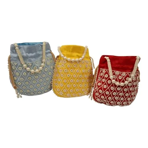 DMS RETAIL Handmade Embroidery Potli | Embellished Satin Wristlet Bag for Women & Girls | Batwa Wallet | Clutch Bags for Return Gifts | Drawstring Closure Potli|Pearl Potli (Pack Of 5)
