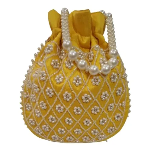 DMS RETAIL Handmade Embroidery Potli | Embellished Satin Wristlet Bag for Women & Girls | Batwa Wallet | Clutch Bags for Return Gifts | Drawstring Closure Potli|Pearl Potli (Pack Of 5)
