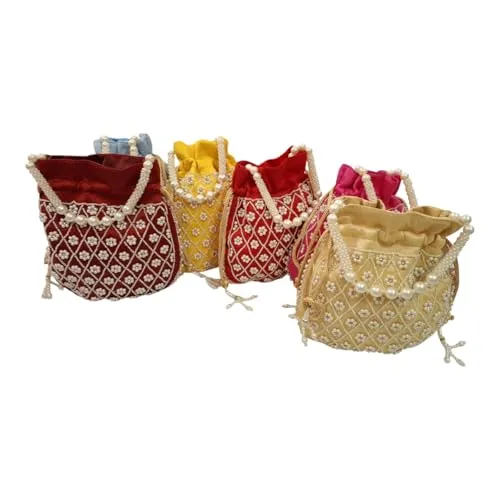 DMS RETAIL Handmade Embroidery Potli | Embellished Satin Wristlet Bag for Women & Girls | Batwa Wallet | Clutch Bags for Return Gifts | Drawstring Closure Potli|Pearl Potli (Pack Of 5)