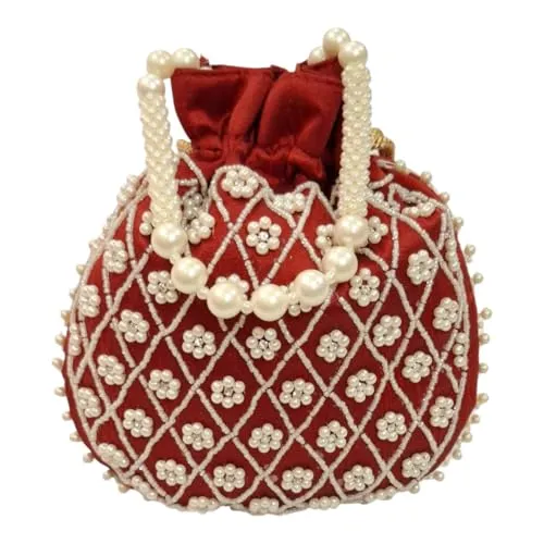 DMS RETAIL Potli | Beadwork Pear Wedding Potli | Beads Handle Potli | Wallet Potli | Christmas Gift Potli | Baby Shower Potli | Lucknowi Potli | Embroidery Potli (MAROON)