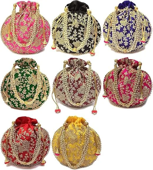 DMS RETAIL Rajasthani Look Women's Fashion Handmade Handbag Wristlets Ethnic Bridal Potli Batwa Bag Combo Pack of (Pack Of 9)