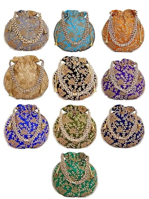 DMS RETAIL Rajasthani Look Women's Fashion Handmade Handbag Wristlets Ethnic Bridal Potli Batwa Bag Combo Pack of (Pack Of 9)