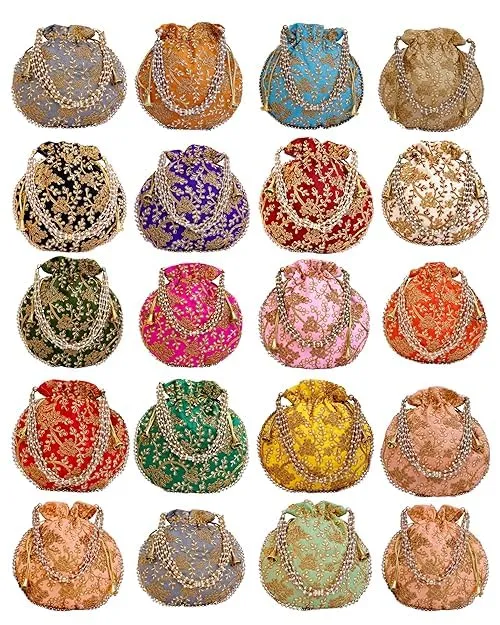 DMS RETAIL Rajasthani Look Women's Fashion Handmade Handbag Wristlets Ethnic Bridal Potli Batwa Bag Combo Pack of (Pack Of 9)
