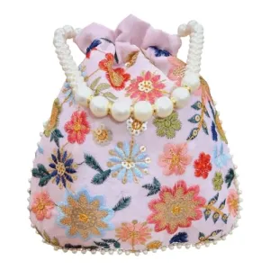 DMS RETAIL Women's Embroidered Potli With Pearl Drawstring | Ladies Purse Handbag Purses for Women,Wedding, Housewarming, Corporate Gifts, Anniversary Baby Shower Return Gifts (PINK)