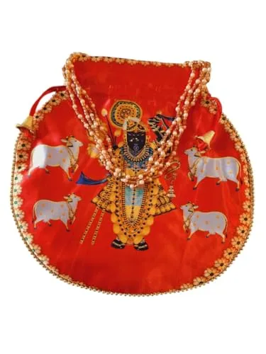 DMS RETAILShreenathji Potli | Shagun Pouch | Wedding Giveaways | Silk Potli With Belt In Shrinath Ji Design
