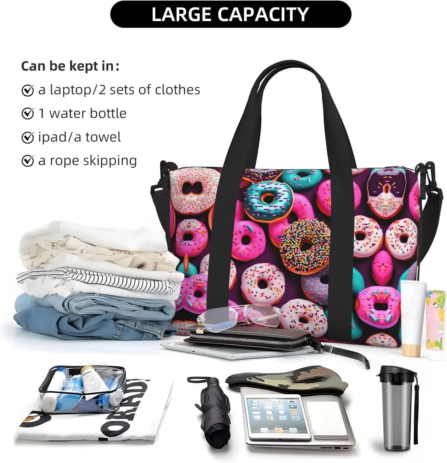 Donut Travel Bags, Weekender Carry On For Women, Sports Gym Bag, Workout Duffel Bag,Overnight