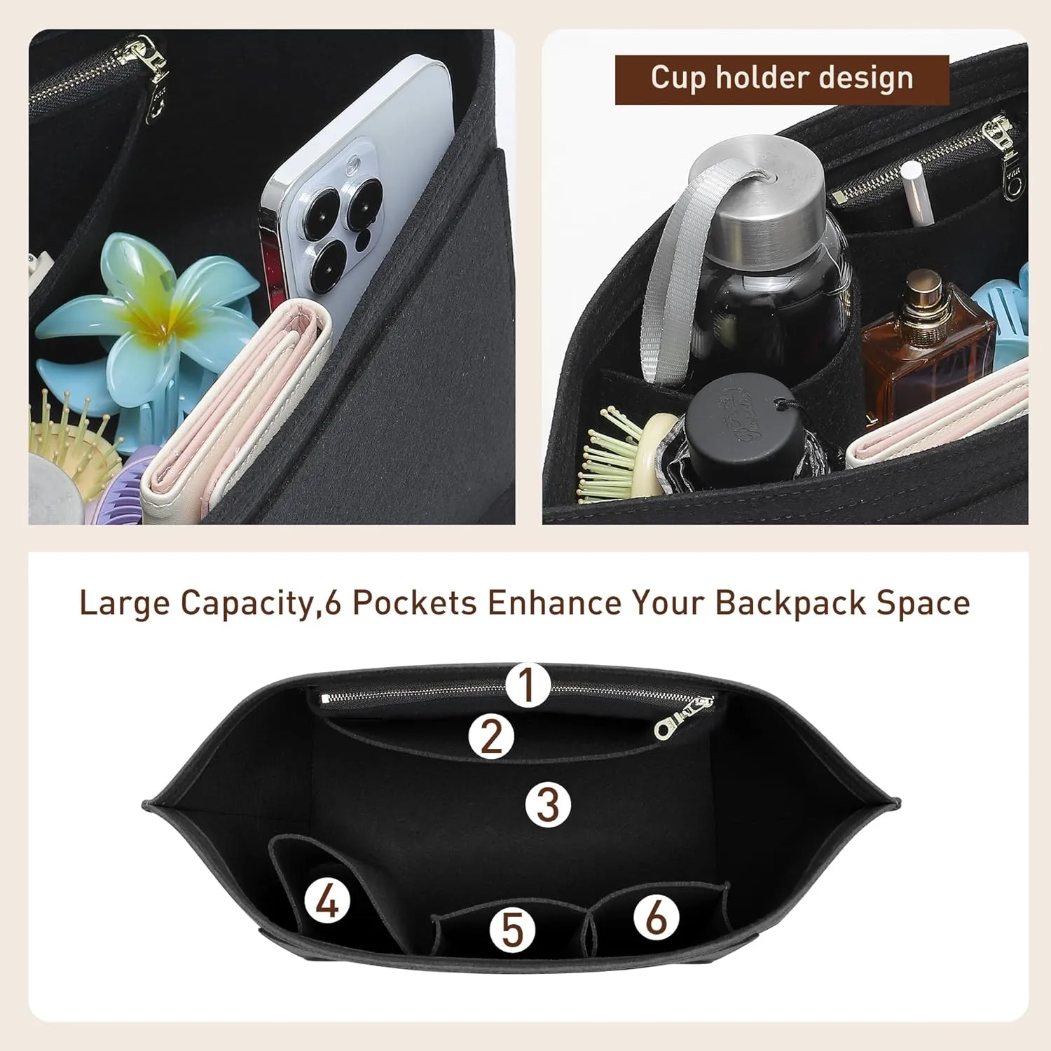 Doxo Purse Organizer Insert Compatible with Longchamp Le Pliage Large and More, Bag Organizer Insert with Cup Holder, 8 Compartments(Dark Blue，L)