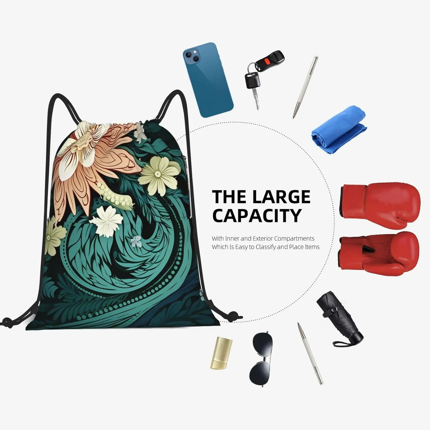 Drawstring Backpack Gym Bag Cinch Bag Draw String Back Bag Intricate Floral Pattern Drawstring Bags for Travel