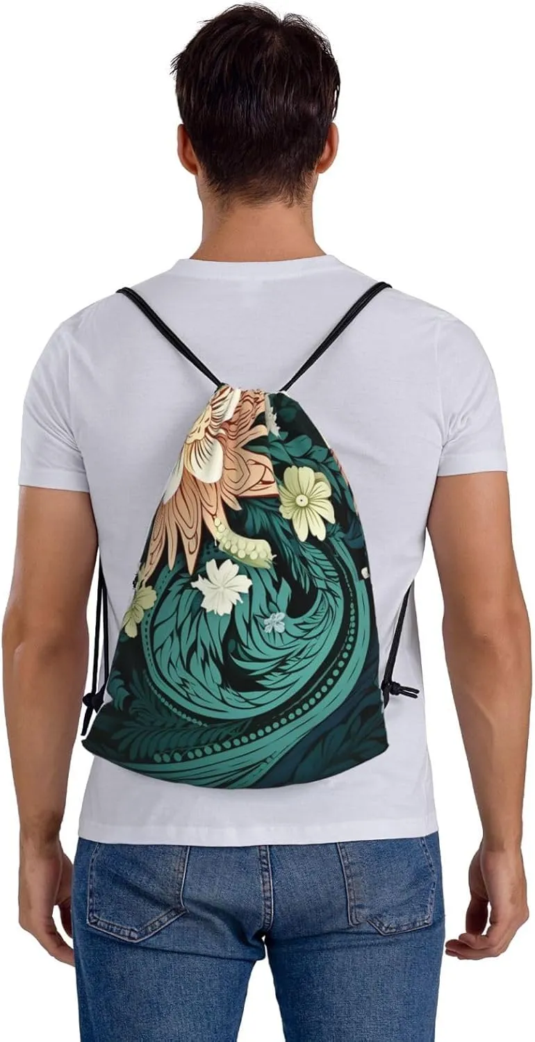 Drawstring Backpack Gym Bag Cinch Bag Draw String Back Bag Intricate Floral Pattern Drawstring Bags for Travel
