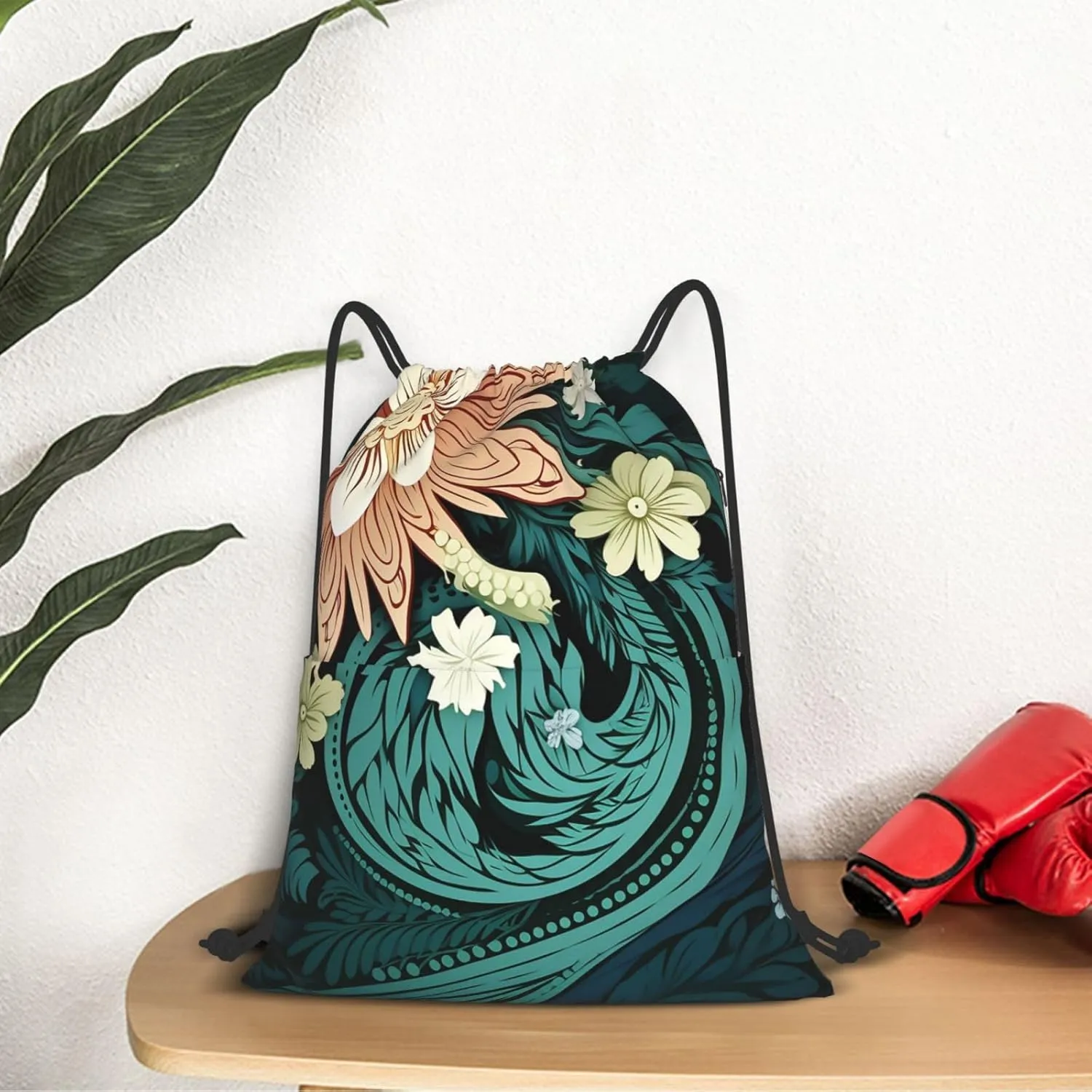 Drawstring Backpack Gym Bag Cinch Bag Draw String Back Bag Intricate Floral Pattern Drawstring Bags for Travel
