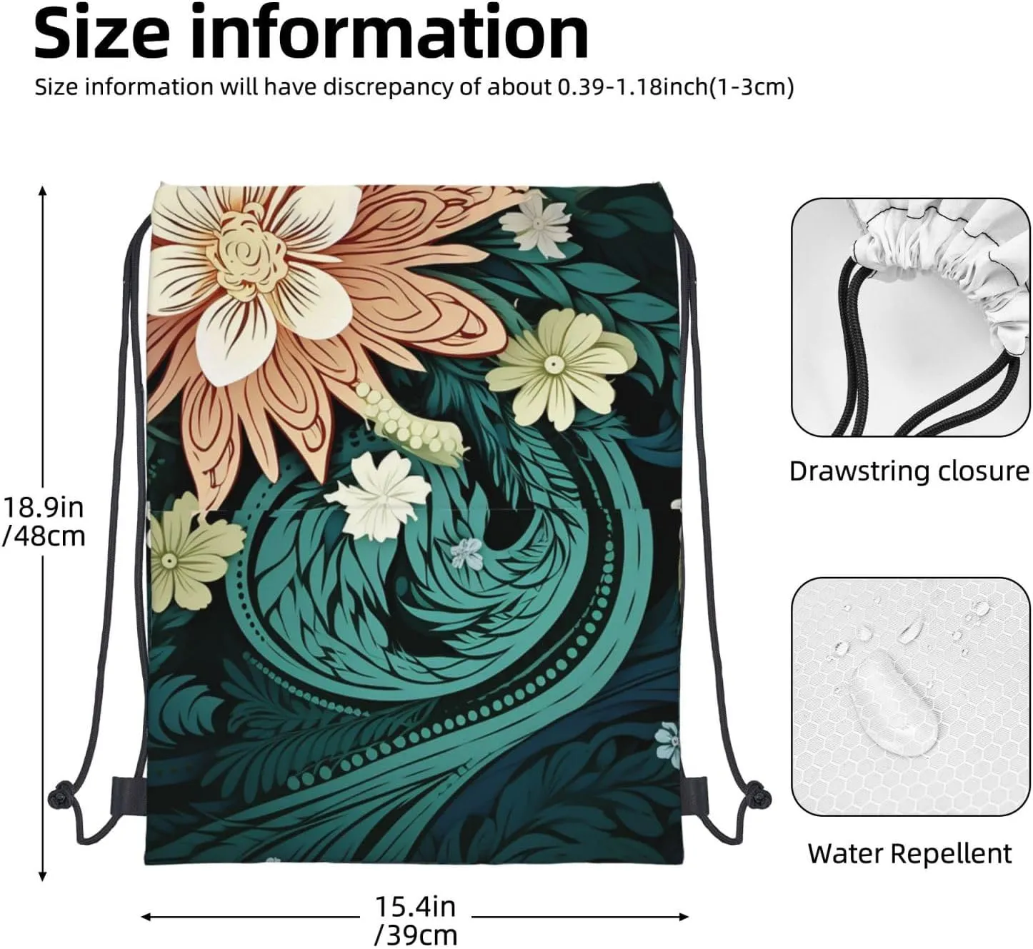 Drawstring Backpack Gym Bag Cinch Bag Draw String Back Bag Intricate Floral Pattern Drawstring Bags for Travel