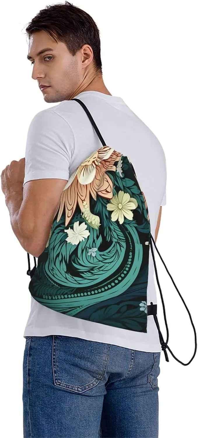 Drawstring Backpack Gym Bag Cinch Bag Draw String Back Bag Intricate Floral Pattern Drawstring Bags for Travel