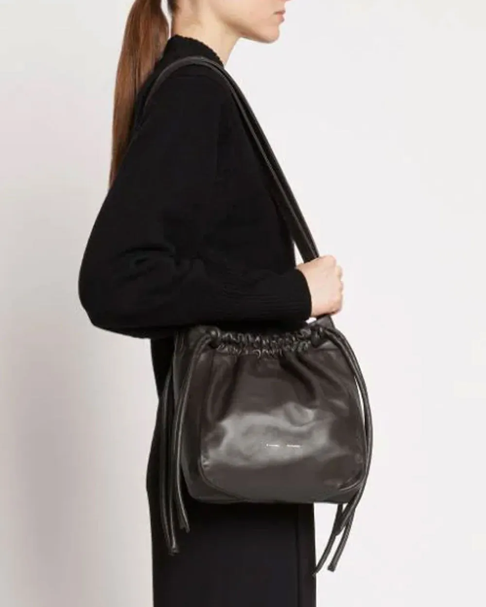 Drawstring Pouch Crossbody Bag in Dark Chocolate