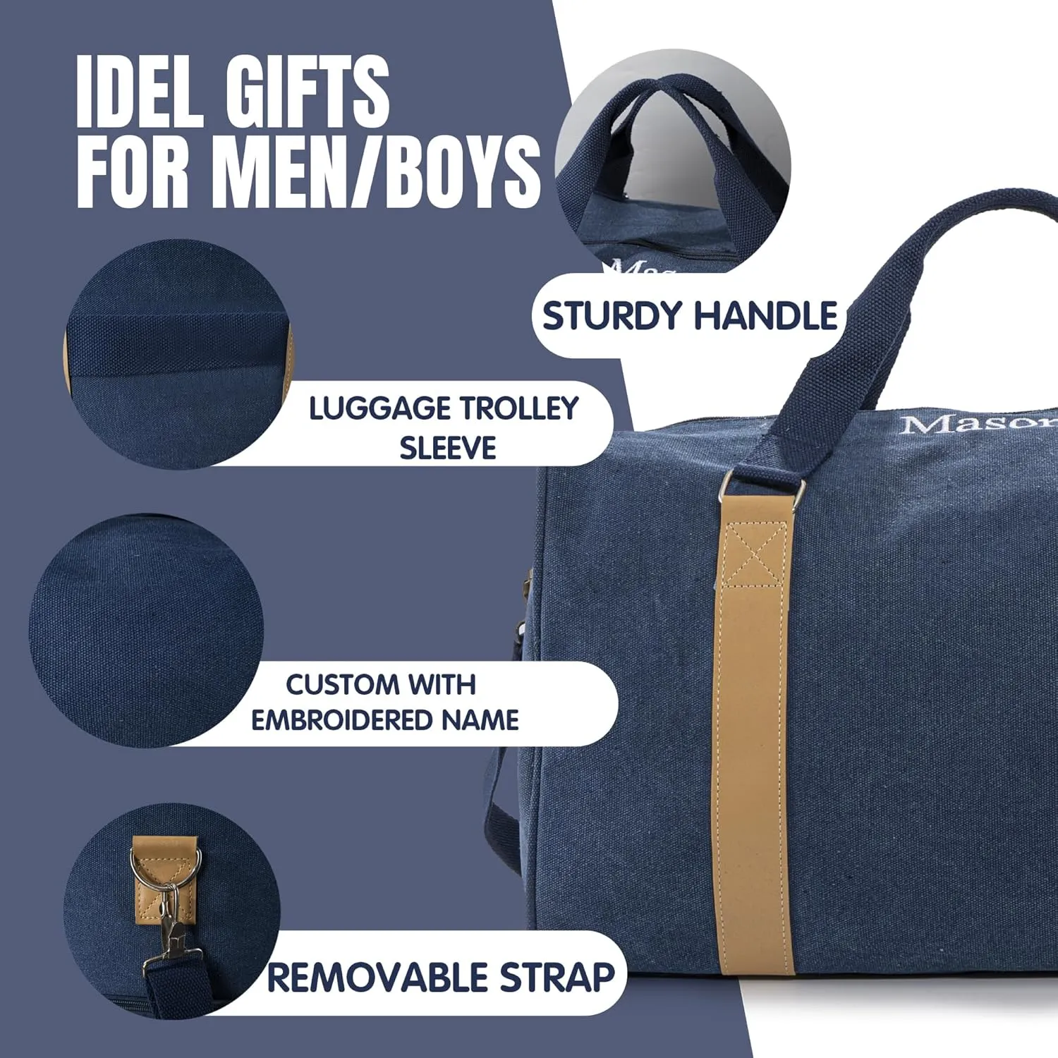 Duffle Bag for Men Boys | Personalized Travel Overnight Bags with Embroidered Name | Canvas Weekender Duffle Bag with Shoe Compartment | Best Custom Men Gift for Groomsmen Father (Blue)