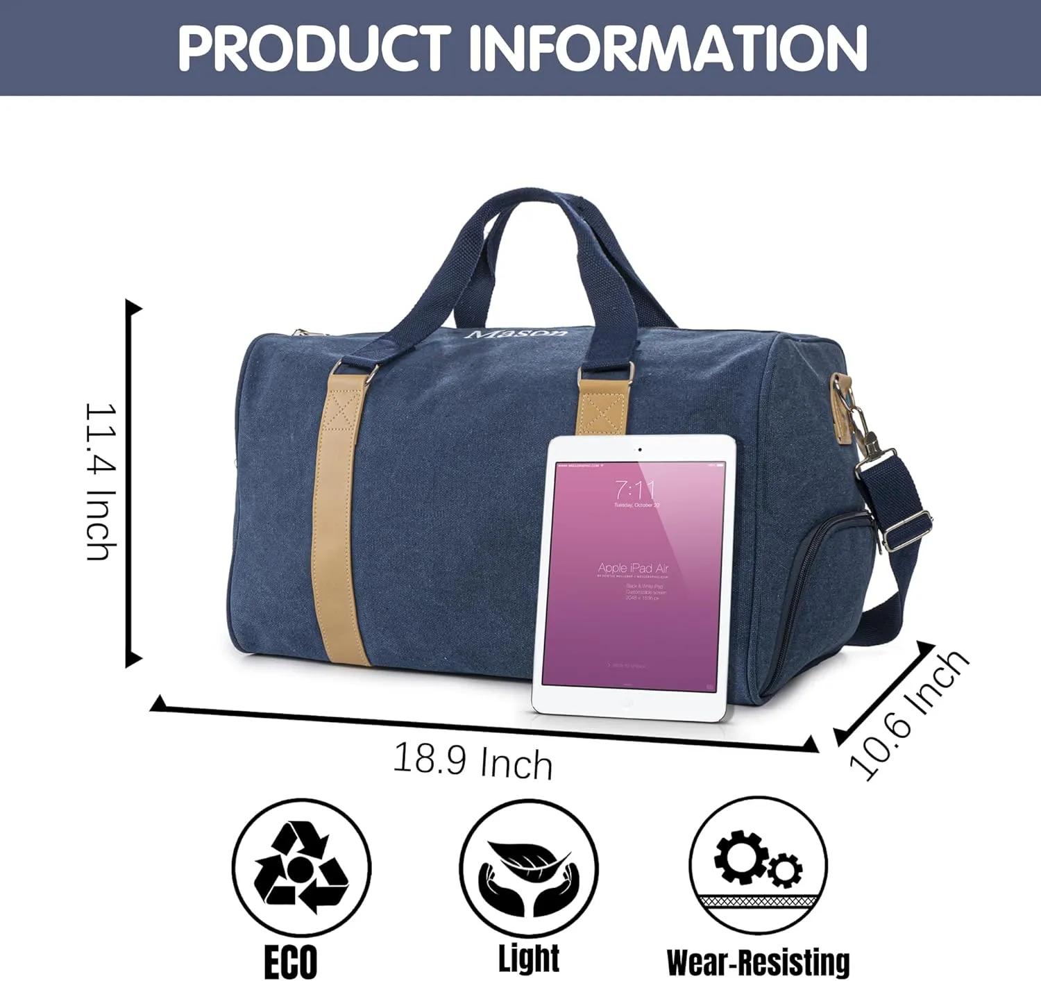 Duffle Bag for Men Boys | Personalized Travel Overnight Bags with Embroidered Name | Canvas Weekender Duffle Bag with Shoe Compartment | Best Custom Men Gift for Groomsmen Father (Blue)