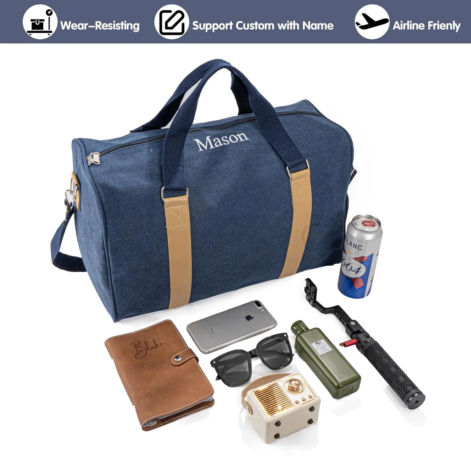 Duffle Bag for Men Boys | Personalized Travel Overnight Bags with Embroidered Name | Canvas Weekender Duffle Bag with Shoe Compartment | Best Custom Men Gift for Groomsmen Father (Blue)