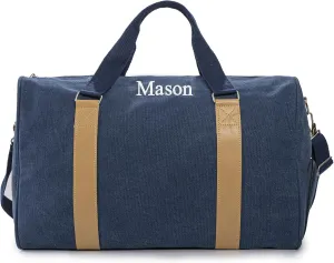 Duffle Bag for Men Boys | Personalized Travel Overnight Bags with Embroidered Name | Canvas Weekender Duffle Bag with Shoe Compartment | Best Custom Men Gift for Groomsmen Father (Blue)
