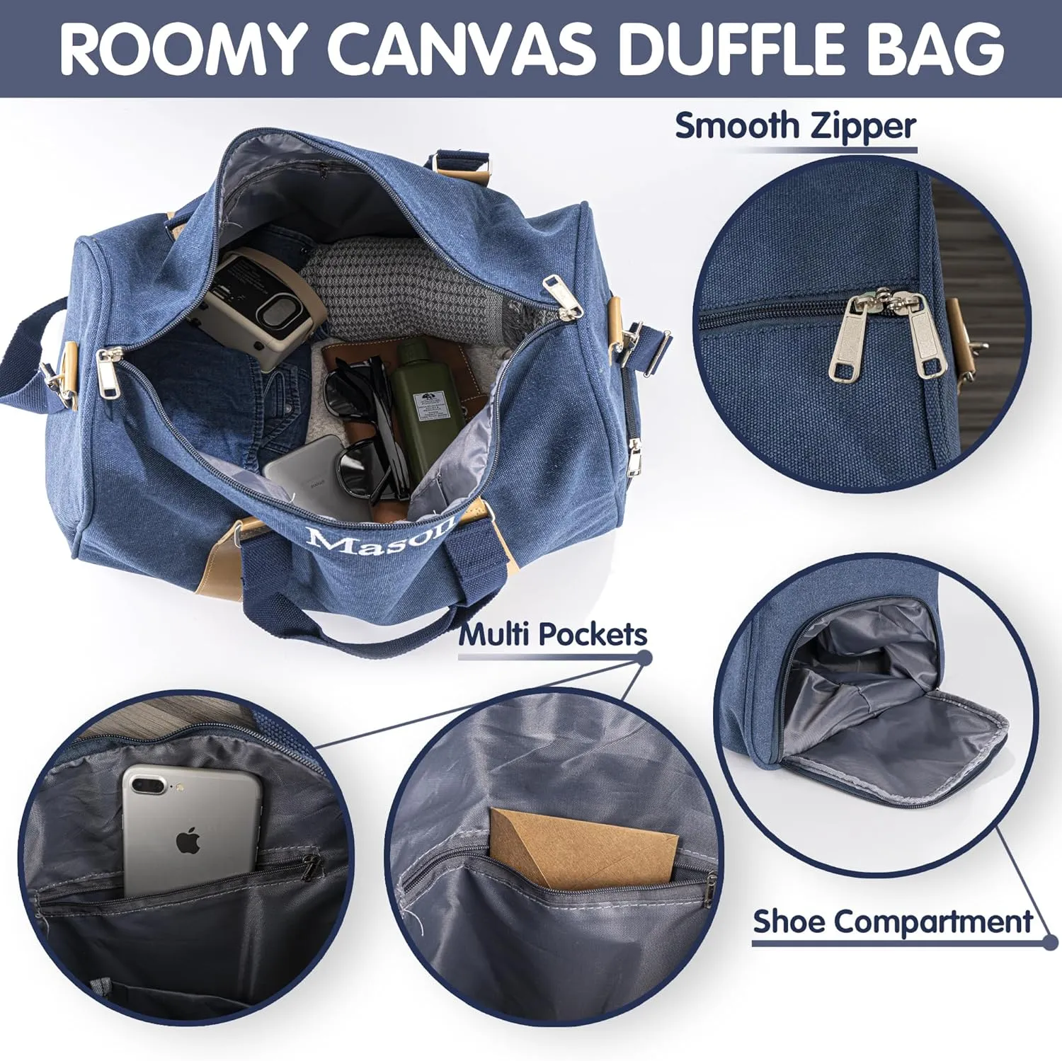 Duffle Bag for Men Boys | Personalized Travel Overnight Bags with Embroidered Name | Canvas Weekender Duffle Bag with Shoe Compartment | Best Custom Men Gift for Groomsmen Father (Blue)