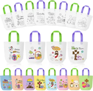 Easter Coloring Goodie Bags for Kids - 24Pcs He is Risen Bulk Color Your Own Gift Bags with Handle Religious Jesus Reusable Non Woven Coloring Tote Packet for DIY Crafts Painting Party Favor Supplies