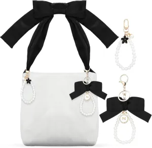 Eccliy Bow Canvas Tote Bag Thick Large Black Bow Cute Purses for Women Aesthetic Coquette Tote Bag with Pearl Wristlet Key Chains for Women