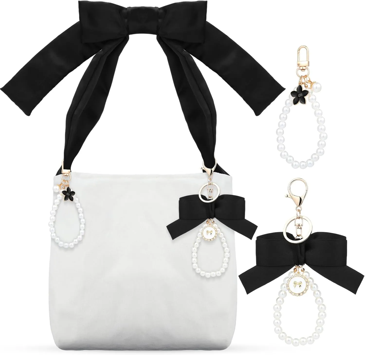 Eccliy Bow Canvas Tote Bag Thick Large Black Bow Cute Purses for Women Aesthetic Coquette Tote Bag with Pearl Wristlet Key Chains for Women
