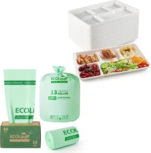 ECOLipak 100 Pack Compostable Disposable 5 Compartment Plates and 50 Count (1 Roll) 13 Gallon Compostable Trash Bags