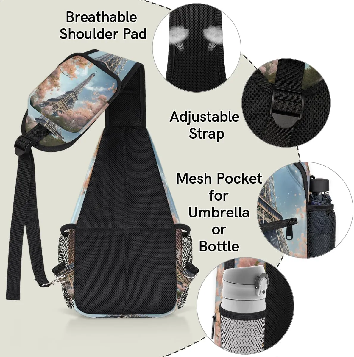 Eiffel Tower Sling Backpack Chest Bag for Women Men Crossbody Shoulder Bag Fanny Pack with Adjustable Strap