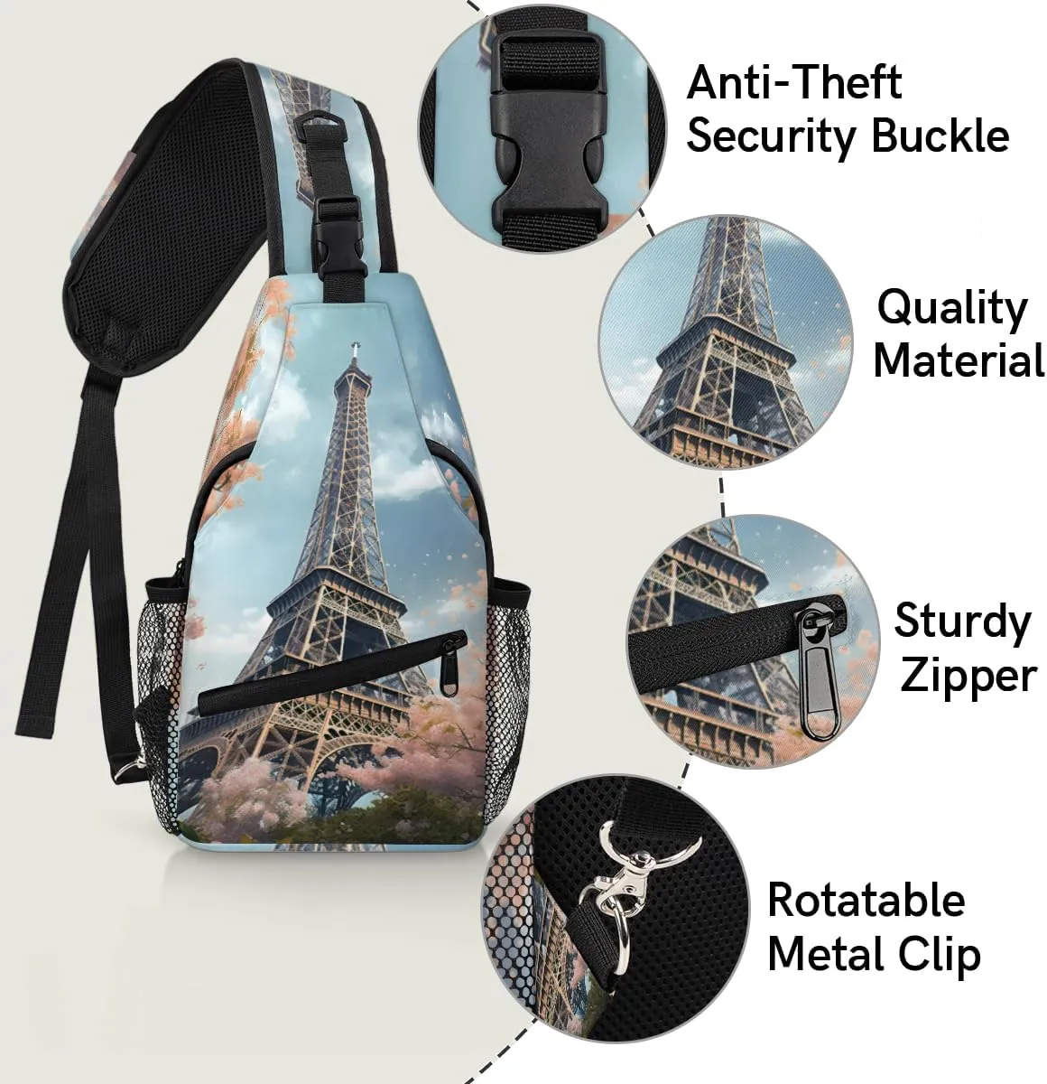 Eiffel Tower Sling Backpack Chest Bag for Women Men Crossbody Shoulder Bag Fanny Pack with Adjustable Strap