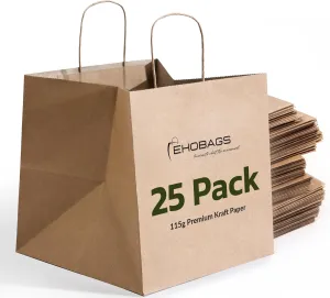 EKOBAGS. Sienna Kraft Paper Gift Bags with Handles | Sturdy Brown Paper Bags Bulk for Retail, Shopping, Party Favors & Small Business | 100% Recyclable & Sustainable | 12x8x13 inches, 25-Pack
