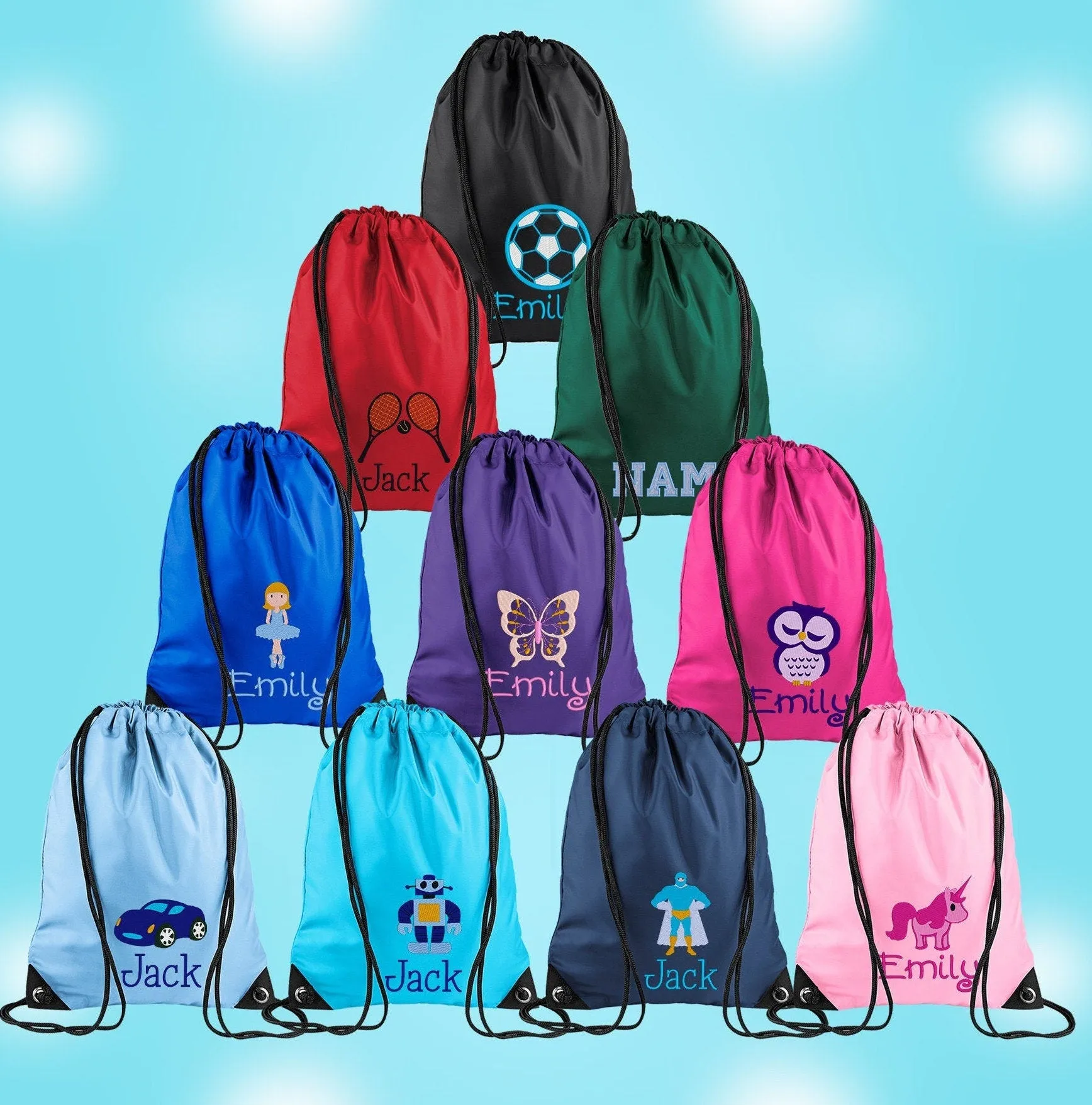 Embroidered Butterfly Personalised PE Bag, Kit Bag Drawstring Bag