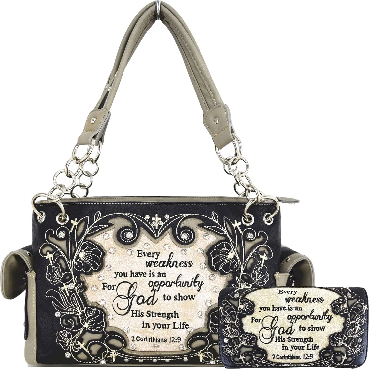 Embroidered Cross Scripture Bible Verse 2 Corinthians 12:9 Purse Studded Western Style Handbag Women Shoulder Bags Wallet Set