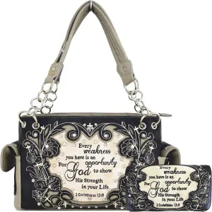Embroidered Cross Scripture Bible Verse 2 Corinthians 12:9 Purse Studded Western Style Handbag Women Shoulder Bags Wallet Set