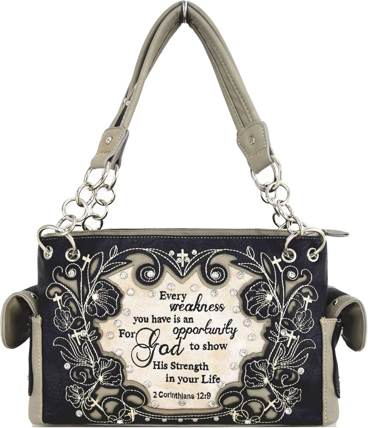 Embroidered Cross Scripture Bible Verse 2 Corinthians 12:9 Purse Studded Western Style Handbag Women Shoulder Bags Wallet Set