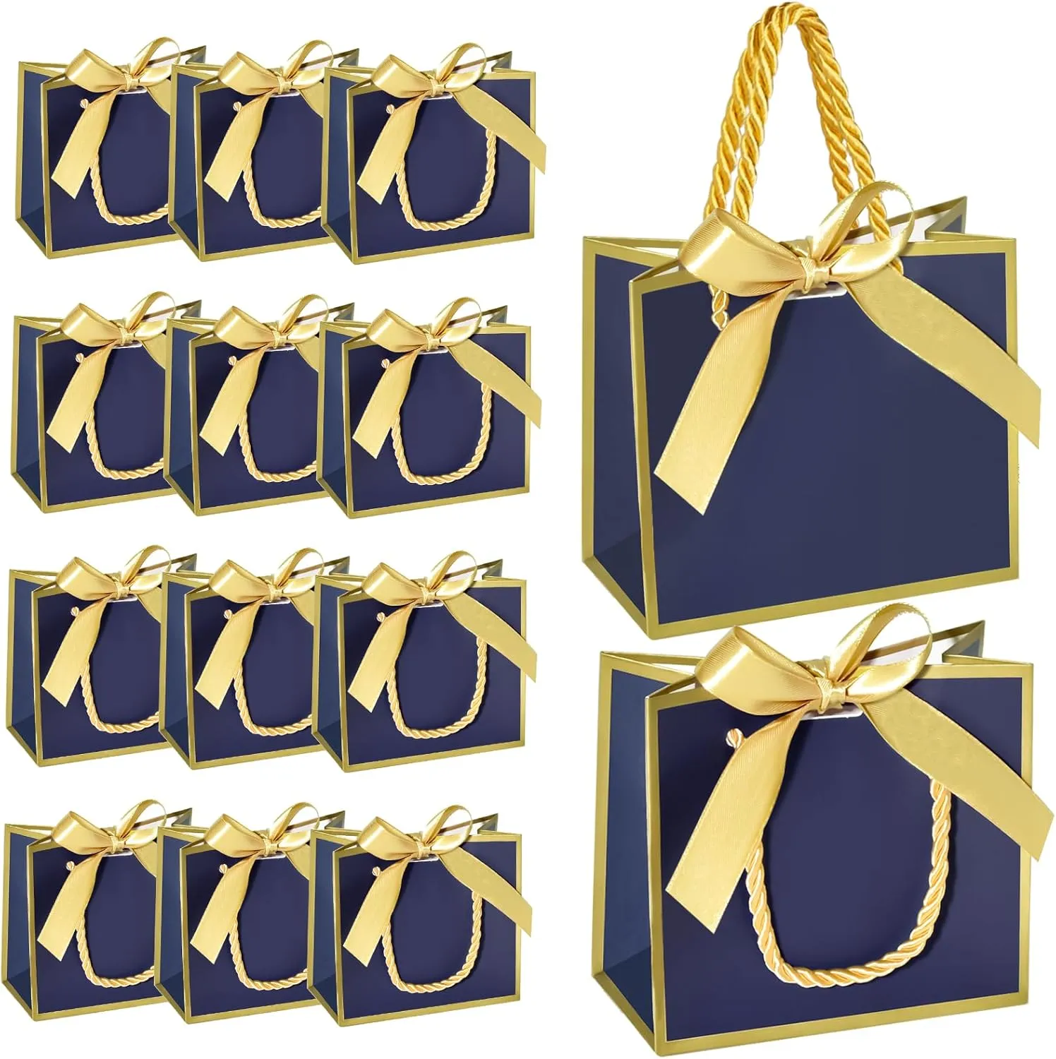 EQOREIIN 50 PCS Small Gift Bags with Handles,Blue Mini Bag,5.5x 2.5x4.7 Inches Small Thank You Gift Bags Bulk with Ribbon for Party Favors,Mother's Day, Goodie, Weddings,Baby Shower(Blue Gold)