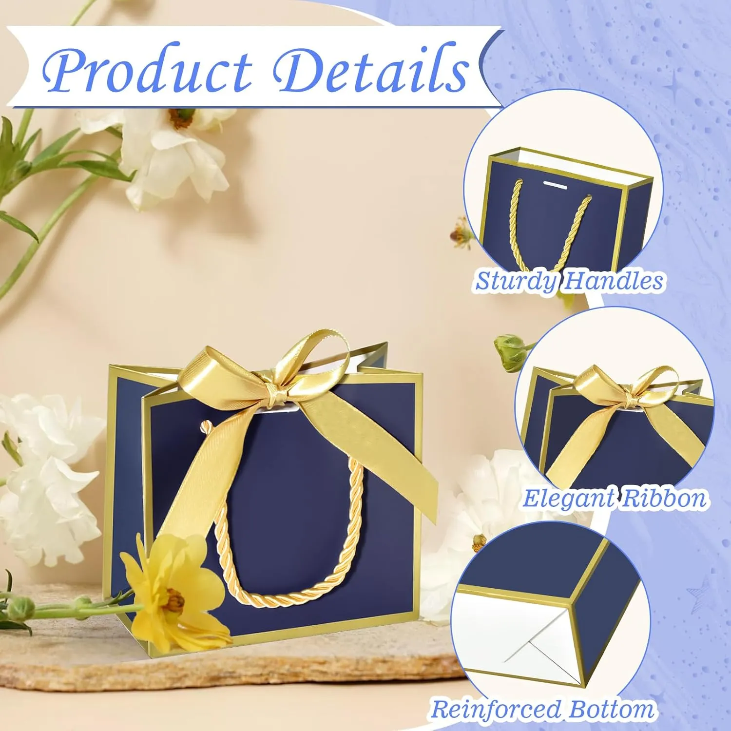 EQOREIIN 50 PCS Small Gift Bags with Handles,Blue Mini Bag,5.5x 2.5x4.7 Inches Small Thank You Gift Bags Bulk with Ribbon for Party Favors,Mother's Day, Goodie, Weddings,Baby Shower(Blue Gold)