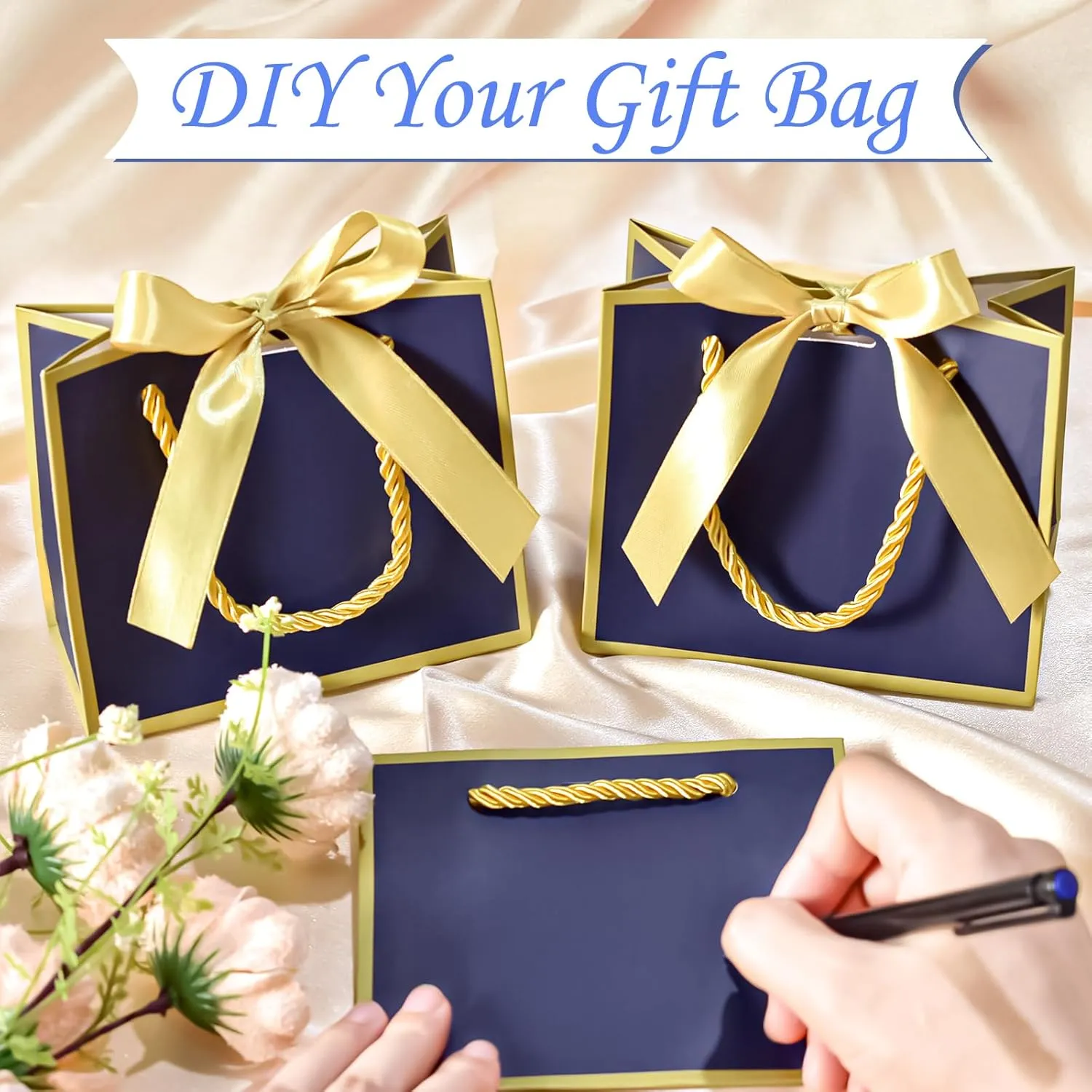 EQOREIIN 50 PCS Small Gift Bags with Handles,Blue Mini Bag,5.5x 2.5x4.7 Inches Small Thank You Gift Bags Bulk with Ribbon for Party Favors,Mother's Day, Goodie, Weddings,Baby Shower(Blue Gold)