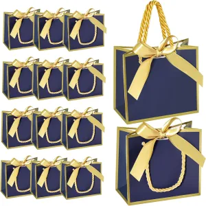 EQOREIIN 50 PCS Small Gift Bags with Handles,Blue Mini Bag,5.5x 2.5x4.7 Inches Small Thank You Gift Bags Bulk with Ribbon for Party Favors,Mother's Day, Goodie, Weddings,Baby Shower(Blue Gold)