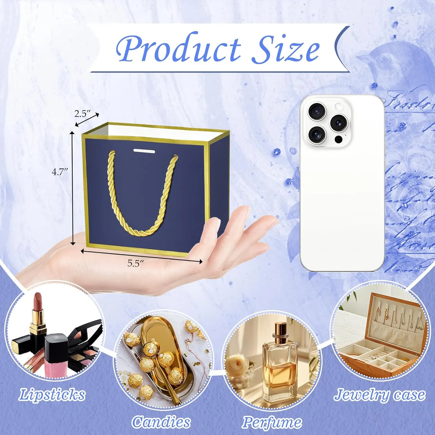 EQOREIIN 50 PCS Small Gift Bags with Handles,Blue Mini Bag,5.5x 2.5x4.7 Inches Small Thank You Gift Bags Bulk with Ribbon for Party Favors,Mother's Day, Goodie, Weddings,Baby Shower(Blue Gold)