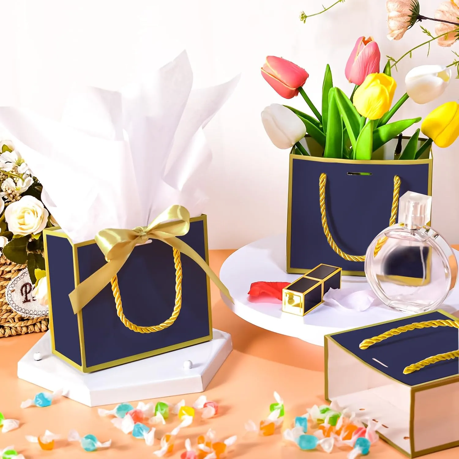 EQOREIIN 50 PCS Small Gift Bags with Handles,Blue Mini Bag,5.5x 2.5x4.7 Inches Small Thank You Gift Bags Bulk with Ribbon for Party Favors,Mother's Day, Goodie, Weddings,Baby Shower(Blue Gold)